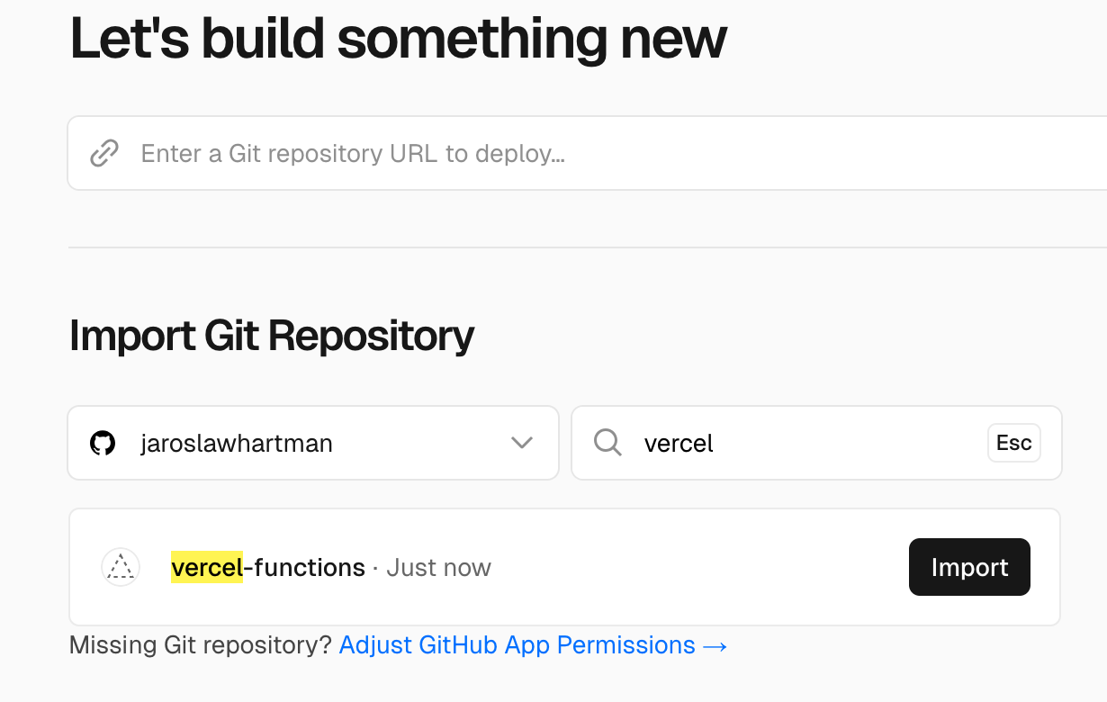 Vercel import screen